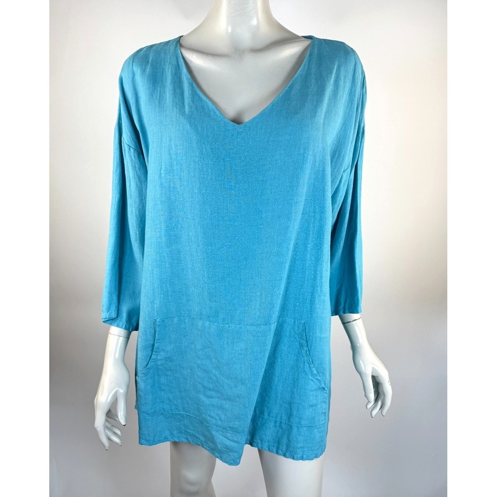 Bryn Walker Linen Tunic Top Women L V-neck 3/4 Sleeve‎ Pocket Oversized Relaxed